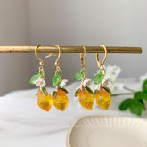 Lemon and Flower earrings - glass Lemon drop earrings - Lemon lever back earrings